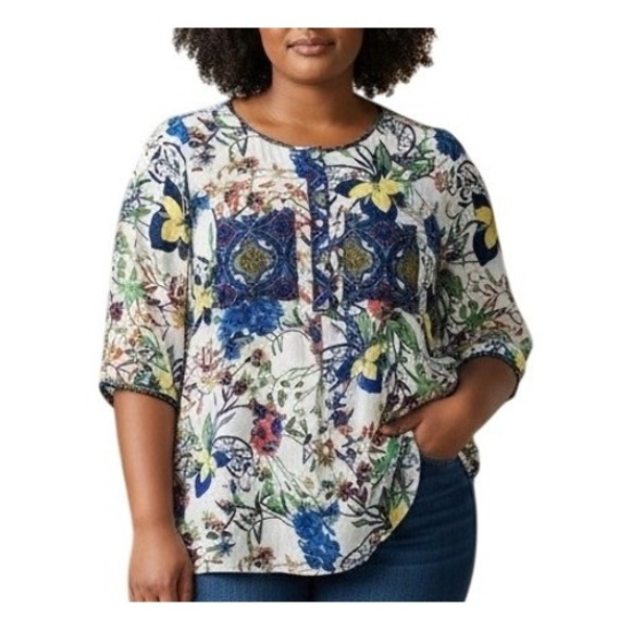 Tops - Fig and Flower Women Top Plus 2X Floral Tunic Patch Pockets Retro Classic Casual